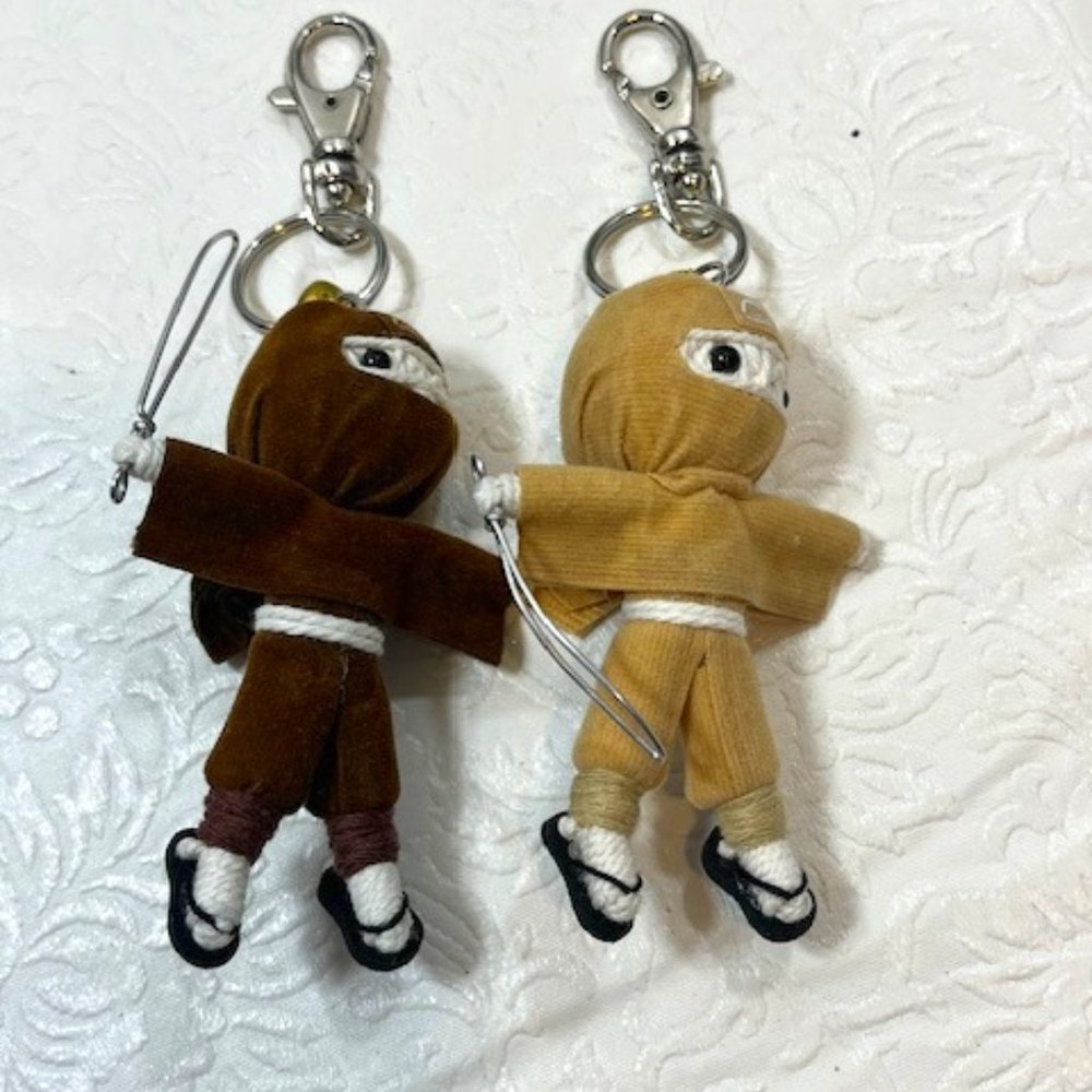 TWO Ninja String Doll Keychain Toys w/Swords Tan/Brown 2.5" x 3" NEW
